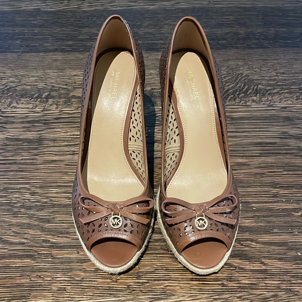 MICHAEL Michael Kors Tan Perforated Peep-Toe Wedges